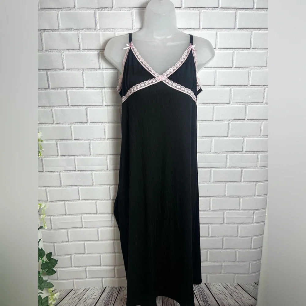 Spoiled Angel Y2K Inspired Black Ribbed Pink Lace Trim Cami Sleep Dress Nightgow